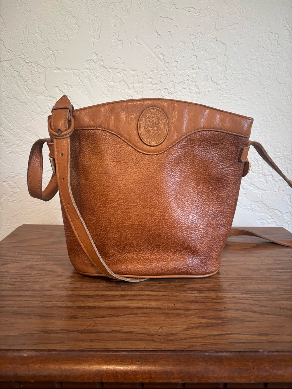 UNISA Pebbled British Leather Shoulder Bucket Bag Cognac